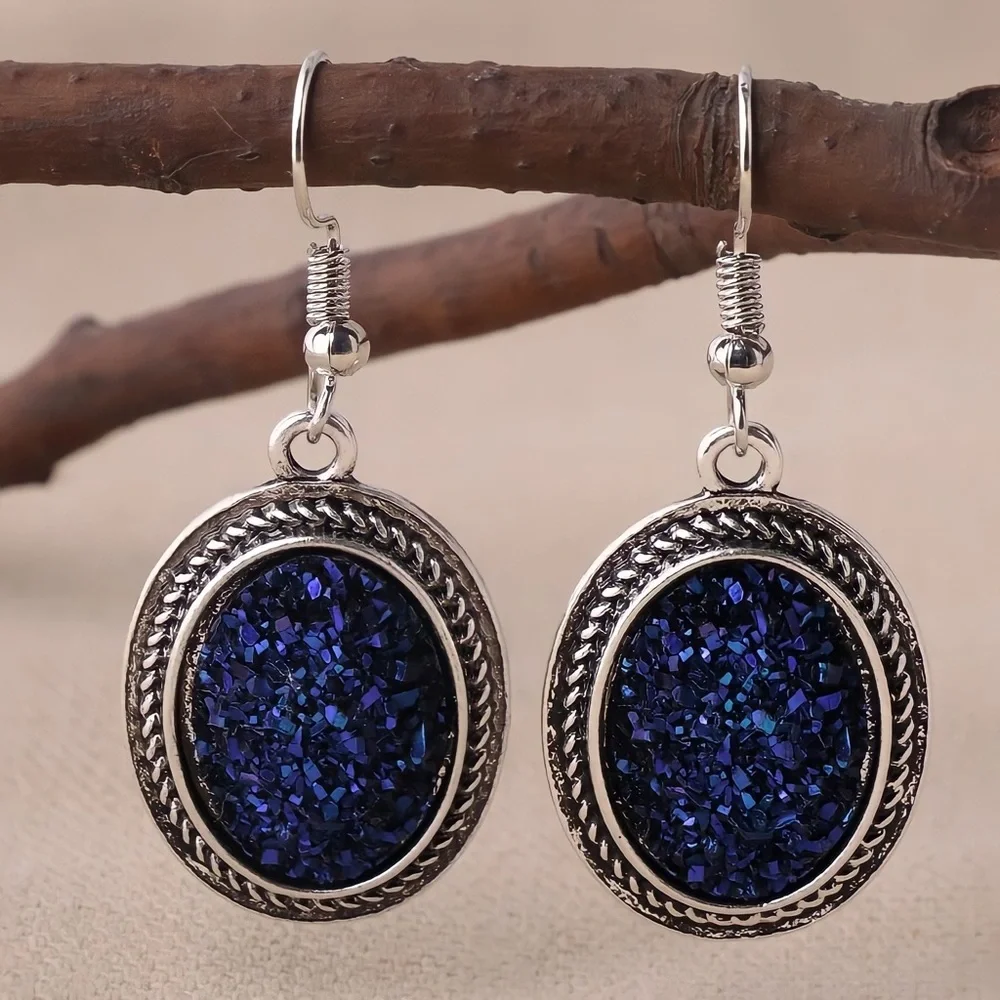 Silver & Navy Blue Glitter Oval Drop Earrings - Picture 1 of 4